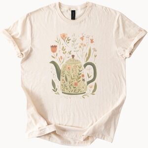 Botanical Teapot Graphic Tee Folk Art Floral Design Natural